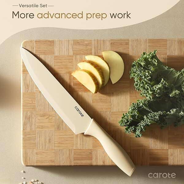 CAROTE Knife Set, 12 Pieces Kitchen Knife Set, 6 Stainless Steel Knives with Blade Guards & Nonstick Ceramic Coating, Rustproof, Color-Coded, Ergonomic Handles - Image 6