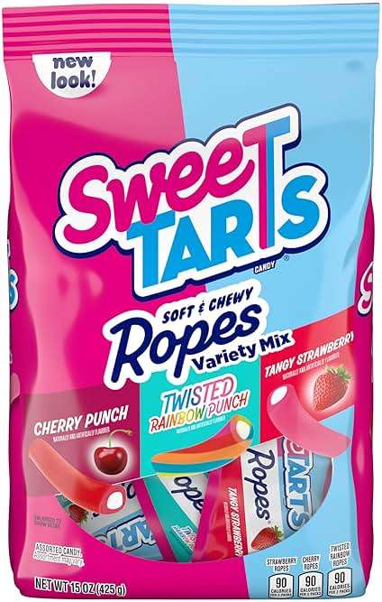 SweeTARTS Ropes Candy, Variety Mix, Cherry Punch, Twisted Rainbow Punch, Tangy Strawberry, Soft and Chewy, 15 oz - Image 1