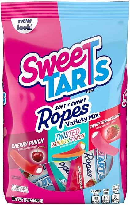 SweeTARTS Ropes Candy, Variety Mix, Cherry Punch, Twisted Rainbow Punch, Tangy Strawberry, Soft and Chewy, 15 oz - Product Image