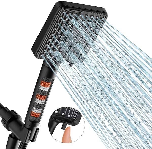 MakeFit Filtered Shower Head Black - 6 Modes High Pressure Handheld Shower Head with Filter Mineral Beads, Detachable Handheld Showerhead Set with Stainless Steel Hose and Shower Arm Bracket - Product Image