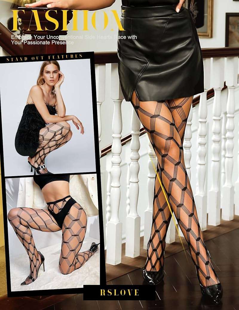 RSLOVE Sexy High Waist Tights Fishnet Stockings for Womens Patterned Thigh High Suspenders Pantyhose One Size - Image 3