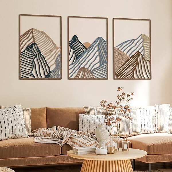 Peryiter 3 Pcs Metal Wall Art Decor Landscape Mountain Wall Hanging Decor for Living Room Abstract Minimalist Modern Mountain Line Pictures Bathroom Office Home Gifts Indoor(Vibrant Colors) - Product Image