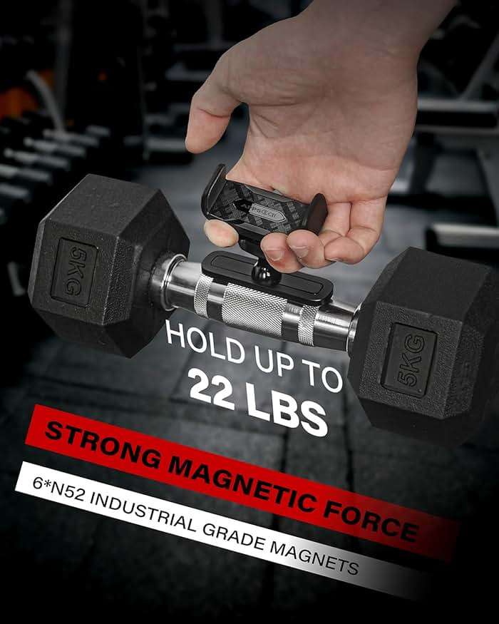 APPS2Car Magnetic Phone Holder for Gym, Alloy Base and Joint for Strong Hold, 360° Adjustable, Compatible with 4.7-6.5 Inch iPhone & Android Phones, Secure Workout Equipment Accessory for Men Women - Image 2