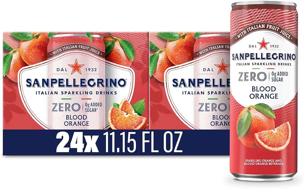 Sanpellegrino Zero Grams Added Sugar Sparkling Orange And Blood Orange Beverage, Italian Sparkling Drink, 24 Pack Of 11.15 Fl Oz Cans, San Pellegrino Italian Sparkling Drinks, Low Calorie Sparkling Fruit Beverages - Image 1