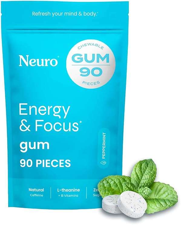 Neuro Energy & Focus Gum - Caffeine Gum with 40mg Natural Caffeine & L-Theanine - Nootropic Energy Supplement with B Vitamins - Sugar Free, Vegan - Peppermint, 90ct - Image 1