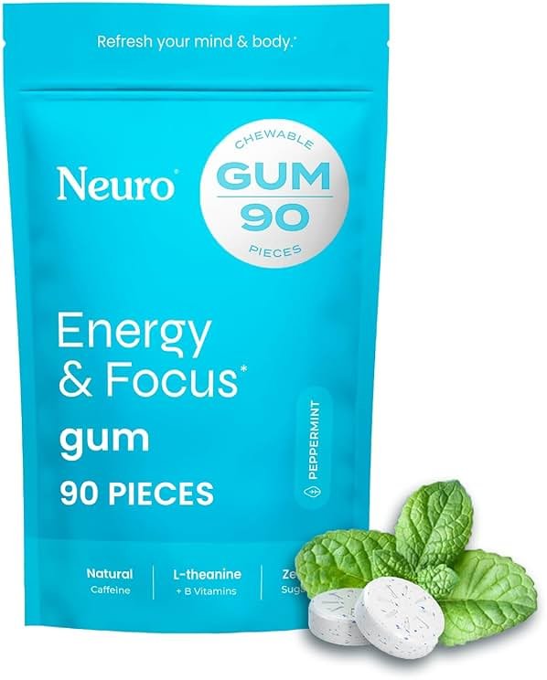 Neuro Energy & Focus Gum - Caffeine Gum with 40mg Natural Caffeine & L-Theanine - Nootropic Energy Supplement with B Vitamins - Sugar Free, Vegan - Peppermint, 90ct - Product Image