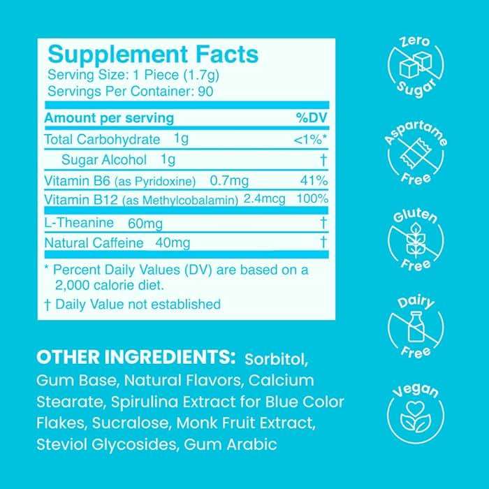 Neuro Energy & Focus Gum - Caffeine Gum with 40mg Natural Caffeine & L-Theanine - Nootropic Energy Supplement with B Vitamins - Sugar Free, Vegan - Peppermint, 90ct - Image 7