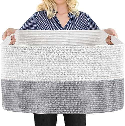 MEGASKET Extra Large Laundry Basket, Rectangle Woven Cotton Rope Storage Basket with Handles, Wicker Laundry Hamper, Farmhouse Storage Bin for Blankets Clothes Toys, Grey, 22" x 17" x 12" - Image 1
