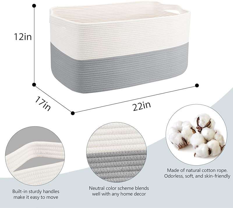 MEGASKET Extra Large Laundry Basket, Rectangle Woven Cotton Rope Storage Basket with Handles, Wicker Laundry Hamper, Farmhouse Storage Bin for Blankets Clothes Toys, Grey, 22" x 17" x 12" - Image 3