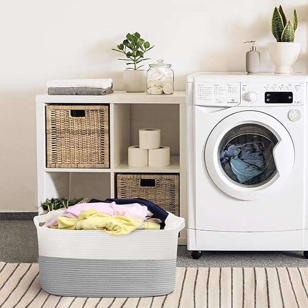 MEGASKET Extra Large Laundry Basket, Rectangle Woven Cotton Rope Storage Basket with Handles, Wicker Laundry Hamper, Farmhouse Storage Bin for Blankets Clothes Toys, Grey, 22" x 17" x 12" - Image 7