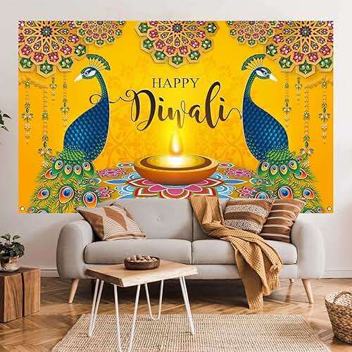 Diwali Photo Backdrop Happy Diwali Banner Deepawali Indian Festival of Lights Decorations and Supplies for Home - Image 3