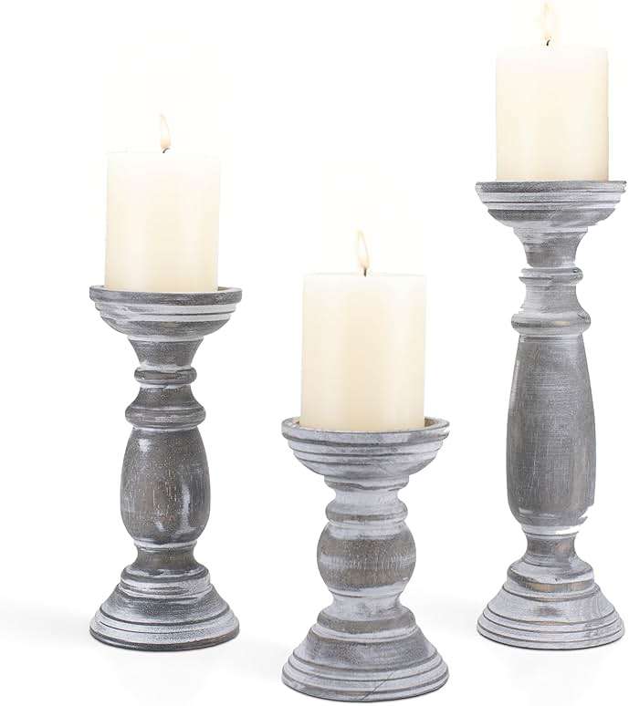 BANOMII Rustic Wooden Pillar Candle Holders Set of 3, 12'' 9'' 6'' Farmhouse Wood Candle Stand for Table Centerpieces, Vintage Tall Candleholders Fireplace Mantel Decor for Living Room, Grey - Image 1