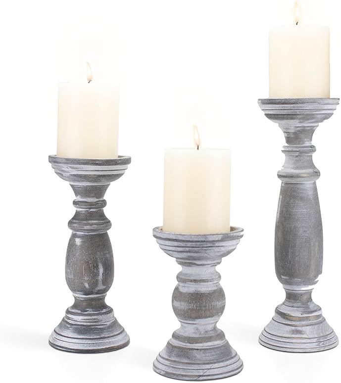 BANOMII Rustic Wooden Pillar Candle Holders Set of 3, 12'' 9'' 6'' Farmhouse Wood Candle Stand for Table Centerpieces, Vintage Tall Candleholders Fireplace Mantel Decor for Living Room, Grey - Product Image