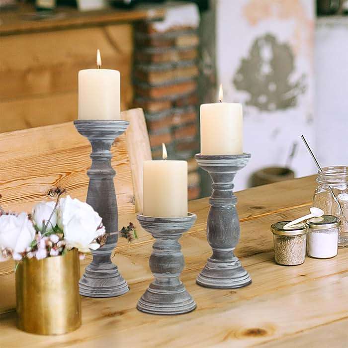 BANOMII Rustic Wooden Pillar Candle Holders Set of 3, 12'' 9'' 6'' Farmhouse Wood Candle Stand for Table Centerpieces, Vintage Tall Candleholders Fireplace Mantel Decor for Living Room, Grey - Image 2