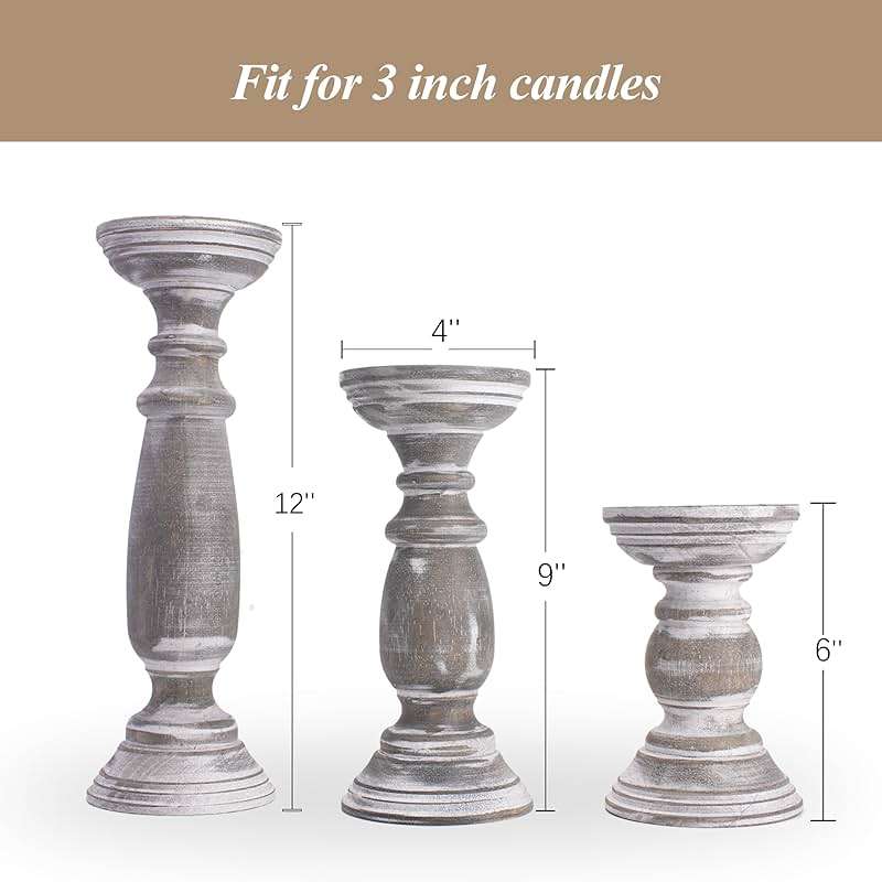 BANOMII Rustic Wooden Pillar Candle Holders Set of 3, 12'' 9'' 6'' Farmhouse Wood Candle Stand for Table Centerpieces, Vintage Tall Candleholders Fireplace Mantel Decor for Living Room, Grey - Image 3