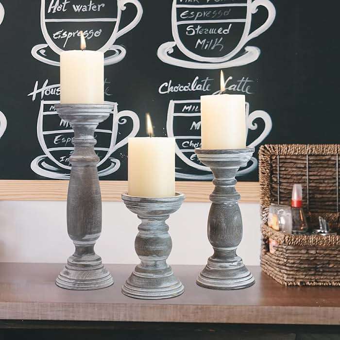 BANOMII Rustic Wooden Pillar Candle Holders Set of 3, 12'' 9'' 6'' Farmhouse Wood Candle Stand for Table Centerpieces, Vintage Tall Candleholders Fireplace Mantel Decor for Living Room, Grey - Image 5