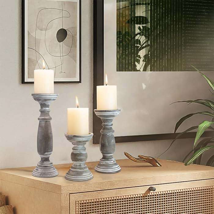BANOMII Rustic Wooden Pillar Candle Holders Set of 3, 12'' 9'' 6'' Farmhouse Wood Candle Stand for Table Centerpieces, Vintage Tall Candleholders Fireplace Mantel Decor for Living Room, Grey - Image 6