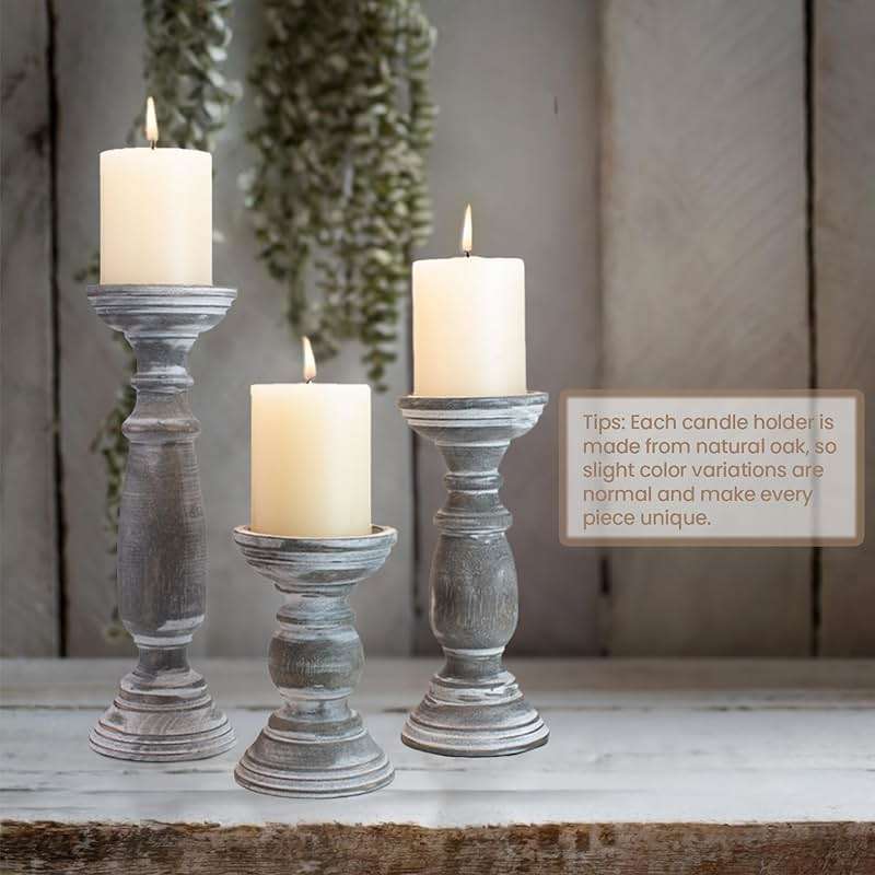 BANOMII Rustic Wooden Pillar Candle Holders Set of 3, 12'' 9'' 6'' Farmhouse Wood Candle Stand for Table Centerpieces, Vintage Tall Candleholders Fireplace Mantel Decor for Living Room, Grey - Image 7