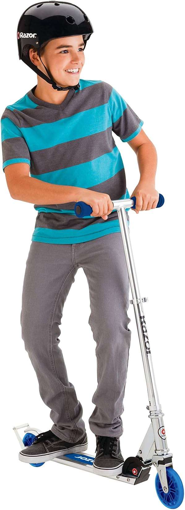 Razor A3 Kick Scooter for Kids Ages 5+ - Foldable, Lightweight, Large Wheels, Front Vibration Reducing System, Adjustable Handlebars, for Riders up to 143 lbs, Blue & Jr. Lil' Kick Scooter - Image 3