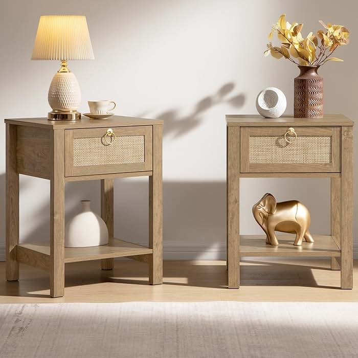 SICOTAS Rattan Nightstand Set of 2, Rattan Decor Drawer with Brass Knobs Night Stand Bedside Table Boho End Tables Side Tables with Storage Shelf for Bedroom,Small Space - Product Image