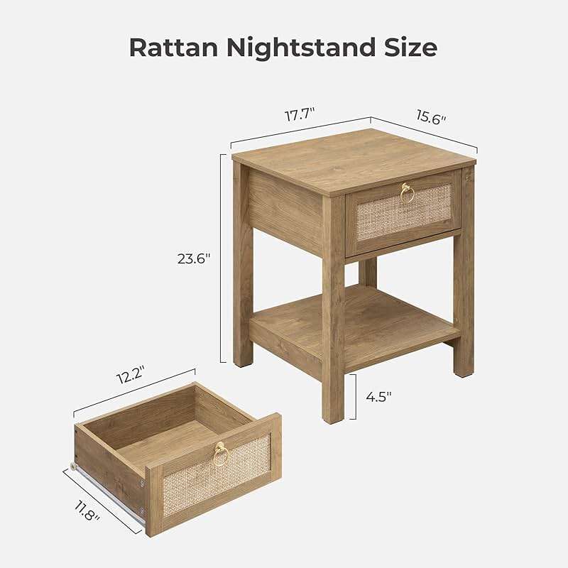 SICOTAS Rattan Nightstand Set of 2, Rattan Decor Drawer with Brass Knobs Night Stand Bedside Table Boho End Tables Side Tables with Storage Shelf for Bedroom,Small Space - Image 2