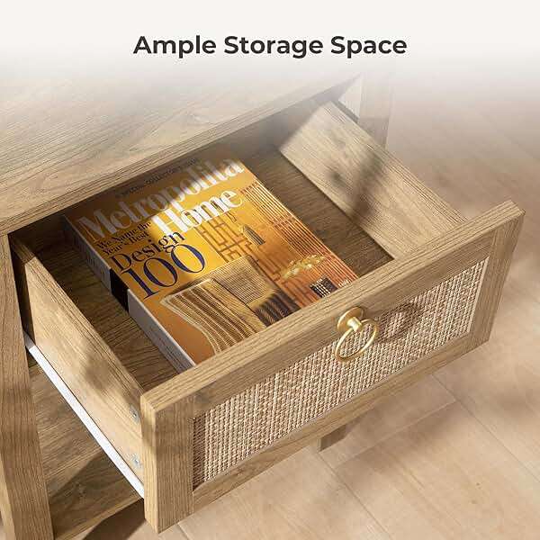 SICOTAS Rattan Nightstand Set of 2, Rattan Decor Drawer with Brass Knobs Night Stand Bedside Table Boho End Tables Side Tables with Storage Shelf for Bedroom,Small Space - Image 4
