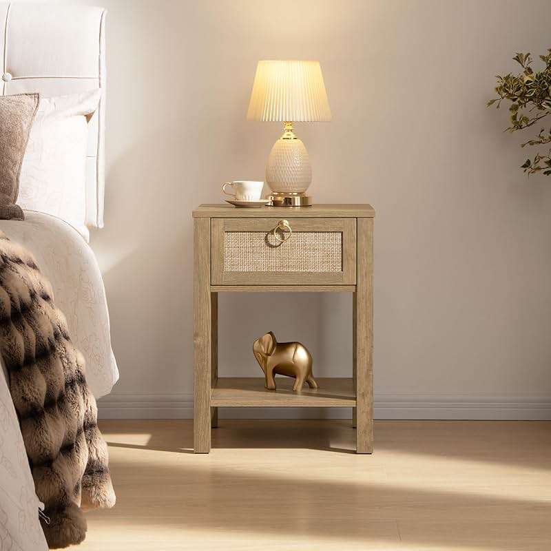 SICOTAS Rattan Nightstand Set of 2, Rattan Decor Drawer with Brass Knobs Night Stand Bedside Table Boho End Tables Side Tables with Storage Shelf for Bedroom,Small Space - Image 5