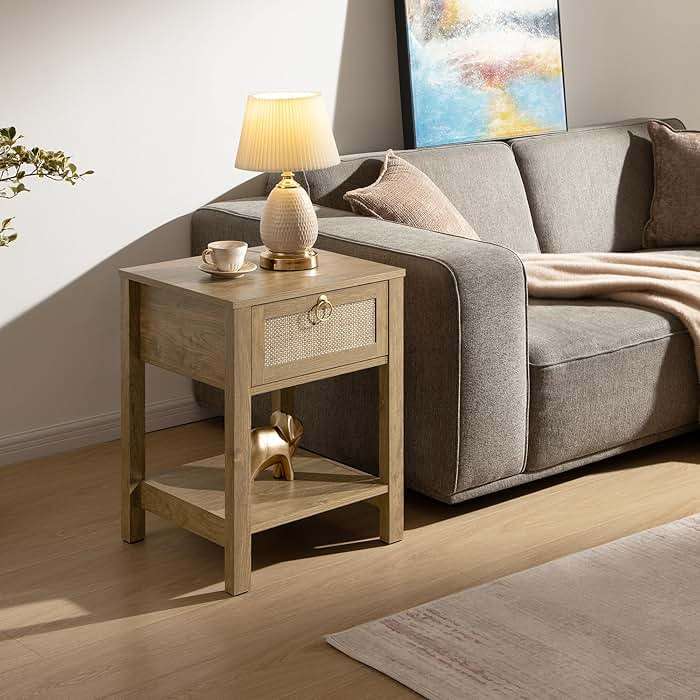SICOTAS Rattan Nightstand Set of 2, Rattan Decor Drawer with Brass Knobs Night Stand Bedside Table Boho End Tables Side Tables with Storage Shelf for Bedroom,Small Space - Image 8