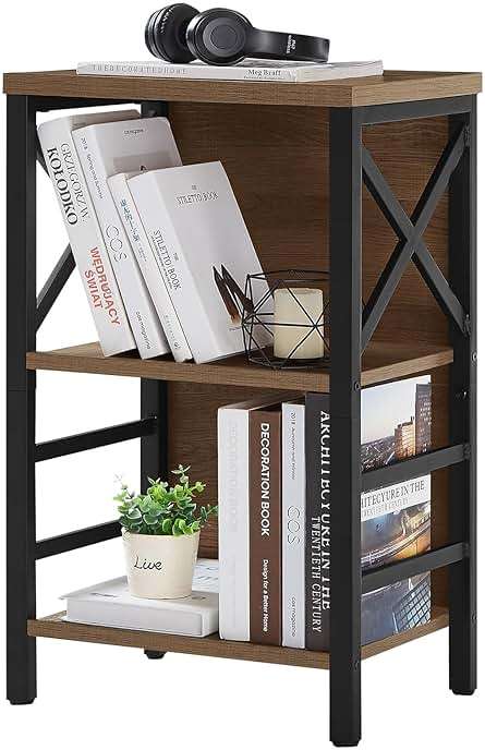 MNEETRUNG Small Bookshelf, 3 Tier Industrial Shelf with Metal Frame and Backboard, Low Rustic Brown Book Shelf, Small Bookcase for Small Spaces,Bookshelf for Living Room, Bedroom & Home Office - Image 1