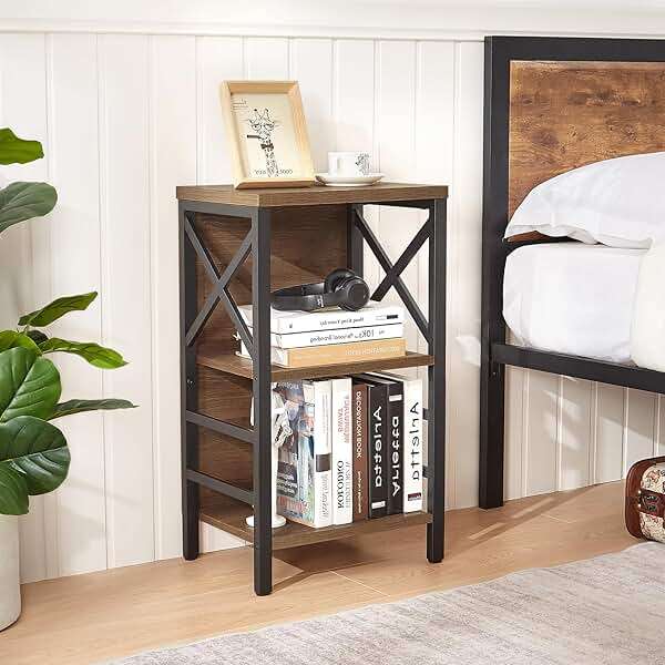 MNEETRUNG Small Bookshelf, 3 Tier Industrial Shelf with Metal Frame and Backboard, Low Rustic Brown Book Shelf, Small Bookcase for Small Spaces,Bookshelf for Living Room, Bedroom & Home Office - Image 5