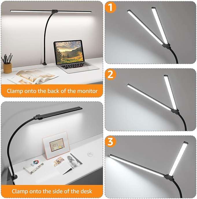 ShineTech LED Desk Lamp for Home Office, Ultra Bright Clamp Light with Flexible Gooseneck, 25 Lighting Modes, Eye-Caring Architect Lamp for Dual Monitors, Reading & Gaming Setup - Image 7