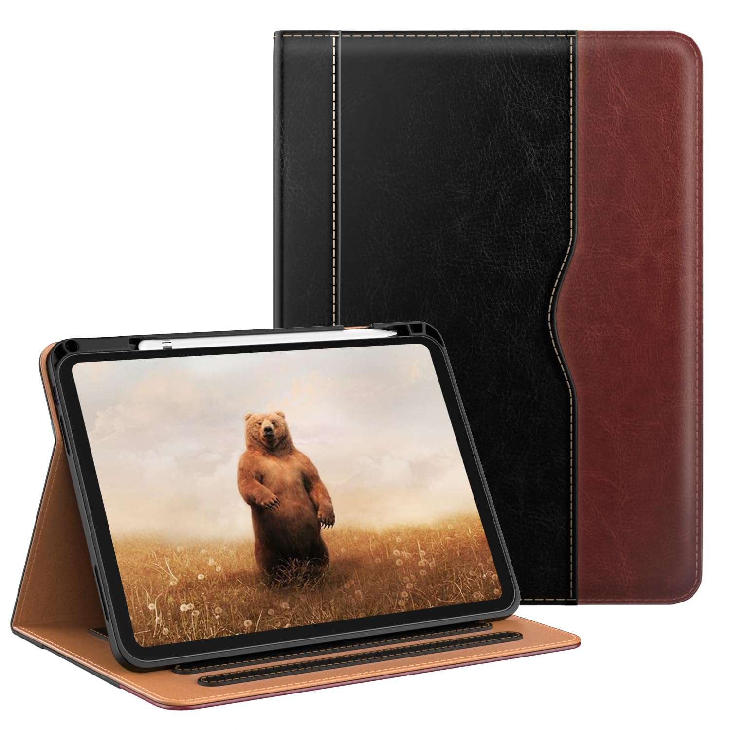 OKP Case for iPad A16 11th Generation 2025 / 10th Gen Case 2022, for 11 Inch / 10.9 Inch iPad Multi-Angle Viewing PU Leather Stand Cover with Pencil Holder & Pocket, Auto Sleep/Wake, Black Brown - Image 1
