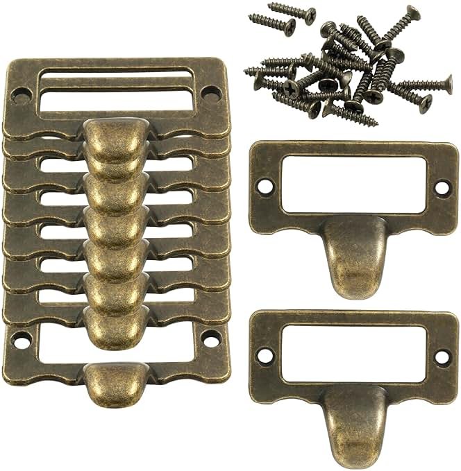 Bivethoi 10 Pcs Vintage Label Tag Holder Pull Handle Bronze File Cabinet Pulls Card Catalog Drawer Pulls for Office Furniture Cupboard Shelf Toolcase - Product Image