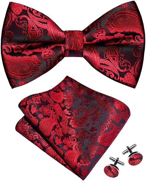 GUSLESON Mens Paisley Bow Tie Handkerchief Jacquard Woven Adjustable Pre-Tied Bowties Pocket Square Cufflinks Set - Image 1