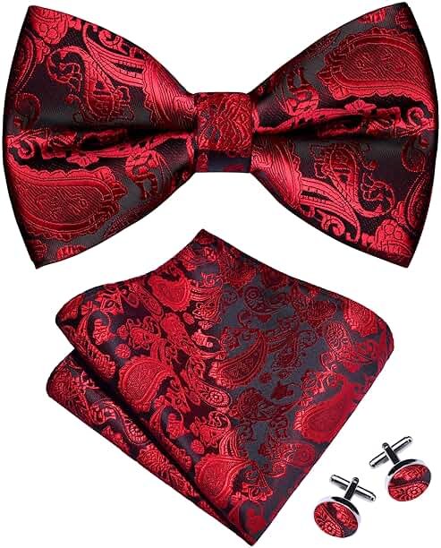 GUSLESON Mens Paisley Bow Tie Handkerchief Jacquard Woven Adjustable Pre-Tied Bowties Pocket Square Cufflinks Set - Product Image