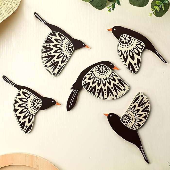 Barydat 5 Pcs Wooden Bird Wall Art Wood Flying Birds Wall Decor Rustic Folk Art Scandinavian Home Decor for Gift Living Room Bedroom Kitchen Office(Black) - Image 1