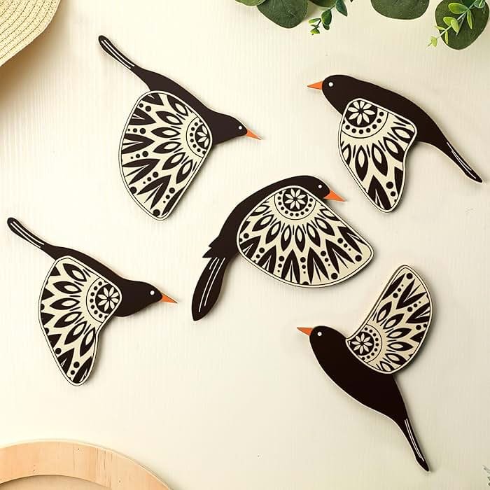 Barydat 5 Pcs Wooden Bird Wall Art Wood Flying Birds Wall Decor Rustic Folk Art Scandinavian Home Decor for Gift Living Room Bedroom Kitchen Office(Black) - Product Image