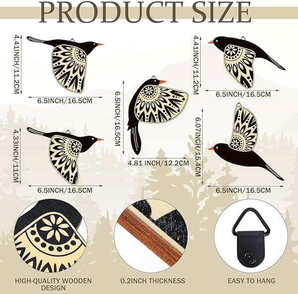 Barydat 5 Pcs Wooden Bird Wall Art Wood Flying Birds Wall Decor Rustic Folk Art Scandinavian Home Decor for Gift Living Room Bedroom Kitchen Office(Black) - Image 2