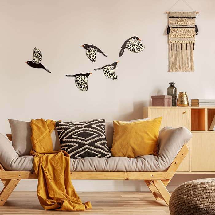 Barydat 5 Pcs Wooden Bird Wall Art Wood Flying Birds Wall Decor Rustic Folk Art Scandinavian Home Decor for Gift Living Room Bedroom Kitchen Office(Black) - Image 3