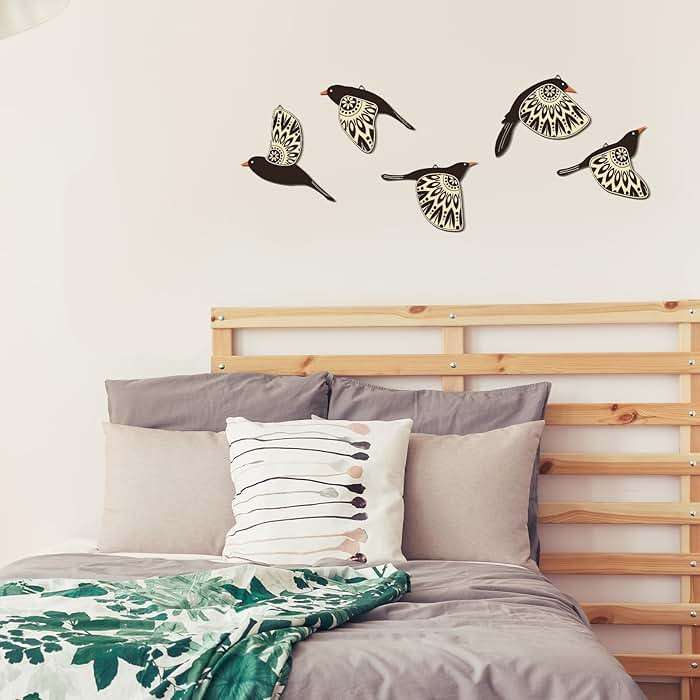 Barydat 5 Pcs Wooden Bird Wall Art Wood Flying Birds Wall Decor Rustic Folk Art Scandinavian Home Decor for Gift Living Room Bedroom Kitchen Office(Black) - Image 5