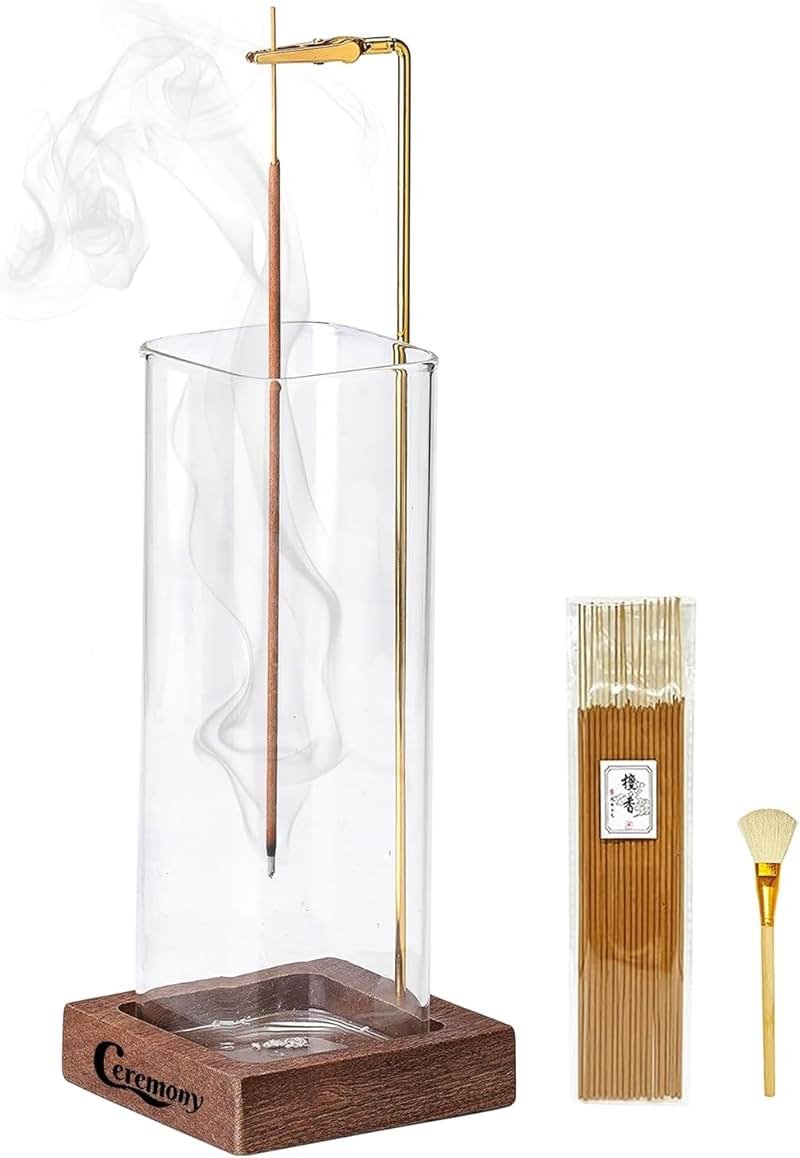 Ceremony Incense Holder, Wooden Incense Holder for Sticks with Glass Ash Catcher, Anti-ash Incense Burner with 20 Incense Sticks and a Ash Brush for Meditation Yoga Spa Room Decor - Product Image