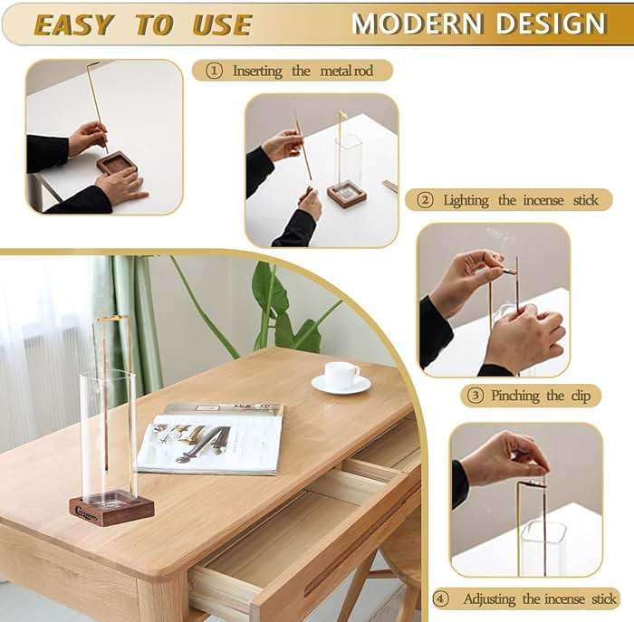 Ceremony Incense Holder, Wooden Incense Holder for Sticks with Glass Ash Catcher, Anti-ash Incense Burner with 20 Incense Sticks and a Ash Brush for Meditation Yoga Spa Room Decor - Image 5