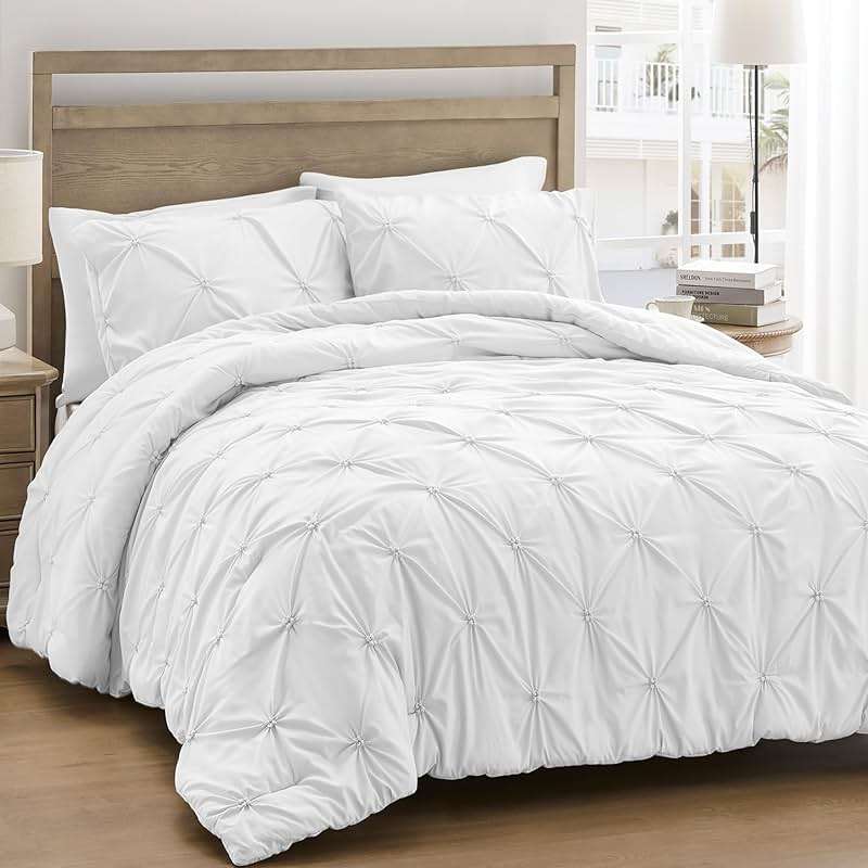UNIKOME Queen Comforter Set White - Ultra Soft Boho Pintuck Down Alternative Bedding Set for All Seasons, 3 Pieces Lightweight Warm Pinch Pleat Bed Set with Comforter, 2 Pillowcases - Image 1