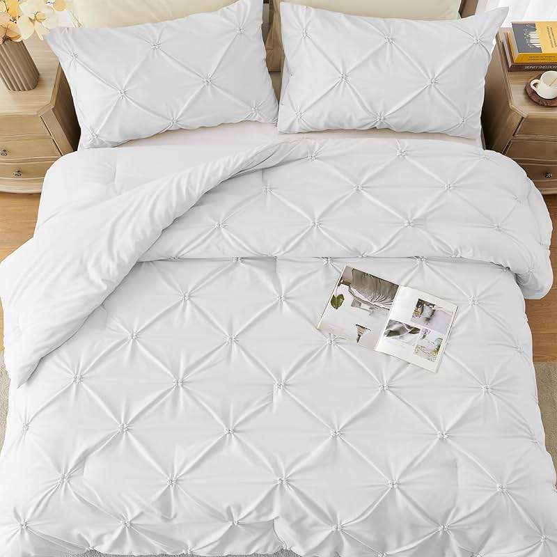 UNIKOME Queen Comforter Set White - Ultra Soft Boho Pintuck Down Alternative Bedding Set for All Seasons, 3 Pieces Lightweight Warm Pinch Pleat Bed Set with Comforter, 2 Pillowcases - Image 6