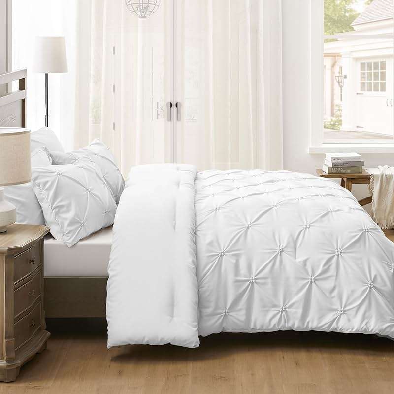 UNIKOME Queen Comforter Set White - Ultra Soft Boho Pintuck Down Alternative Bedding Set for All Seasons, 3 Pieces Lightweight Warm Pinch Pleat Bed Set with Comforter, 2 Pillowcases - Image 7