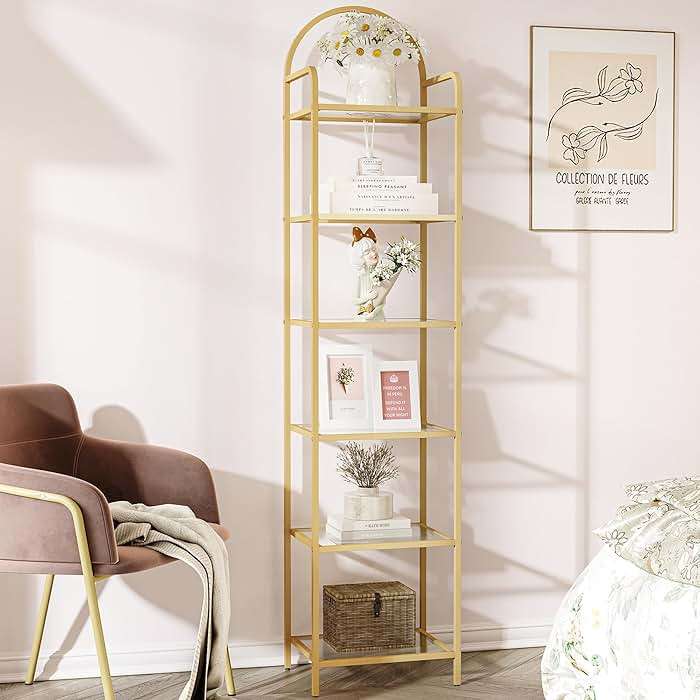 Hzuaneri Bookcase Bookshelf, Tempered Glass Bookshelves, Slim Shelving Unit for Bedroom, Bathroom, Home Office, Steel Frame, 6 Tier Gold BC10601G - Image 1
