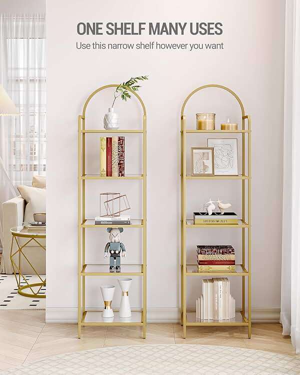 Hzuaneri Bookcase Bookshelf, Tempered Glass Bookshelves, Slim Shelving Unit for Bedroom, Bathroom, Home Office, Steel Frame, 6 Tier Gold BC10601G - Image 3