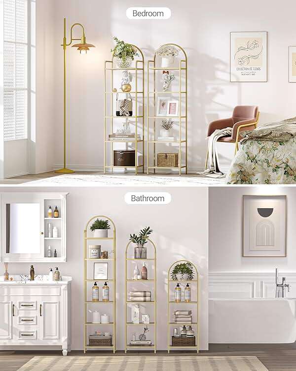 Hzuaneri Bookcase Bookshelf, Tempered Glass Bookshelves, Slim Shelving Unit for Bedroom, Bathroom, Home Office, Steel Frame, 6 Tier Gold BC10601G - Image 4