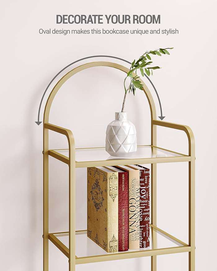 Hzuaneri Bookcase Bookshelf, Tempered Glass Bookshelves, Slim Shelving Unit for Bedroom, Bathroom, Home Office, Steel Frame, 6 Tier Gold BC10601G - Image 5