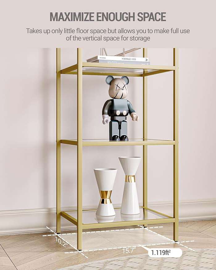 Hzuaneri Bookcase Bookshelf, Tempered Glass Bookshelves, Slim Shelving Unit for Bedroom, Bathroom, Home Office, Steel Frame, 6 Tier Gold BC10601G - Image 6